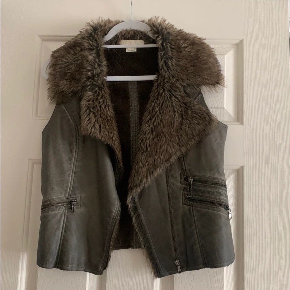 Love stitch faux leather and fur vest